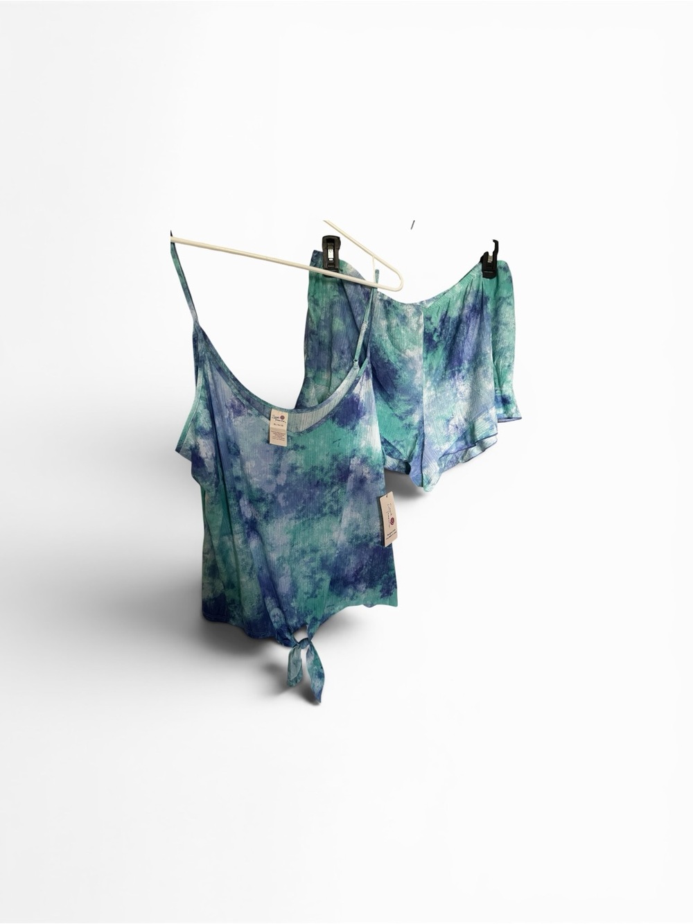 Tie-Front Tank and Shorts Two-Piece Set - Aqua & Navy Tie-Dye